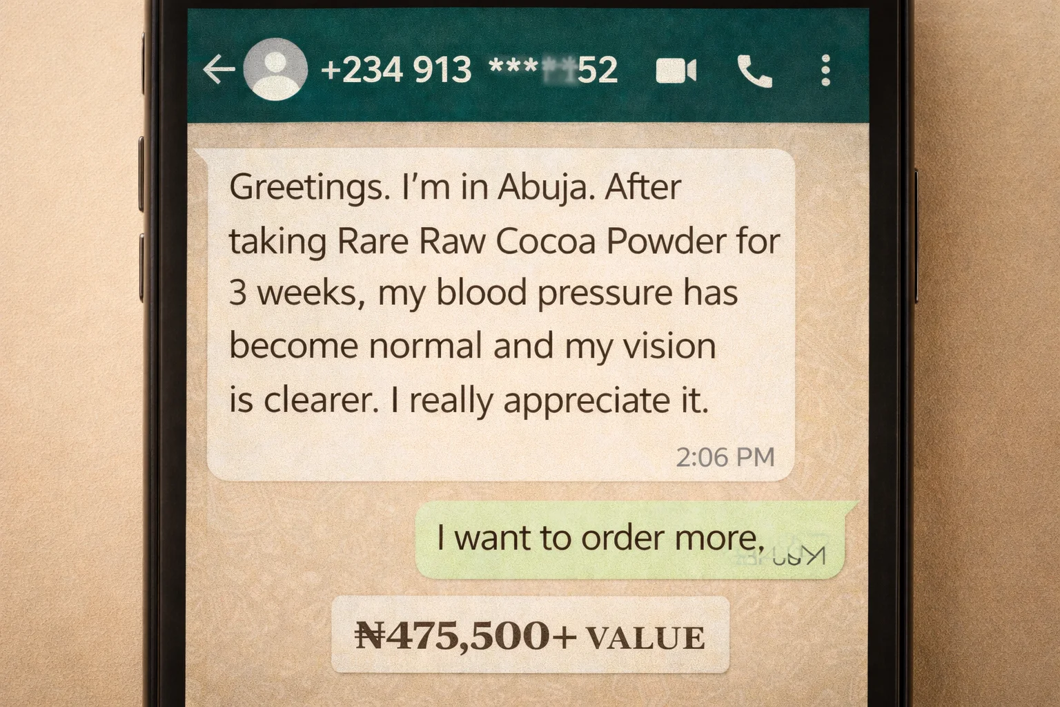 WhatsApp testimonial — Abuja